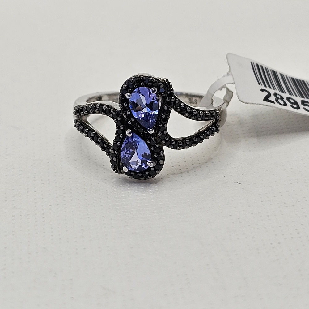 Natural Tanzanite & Black Spinel Ring Sterling Silver Platinum Overlay Sz 9! - Picture 4 of 7